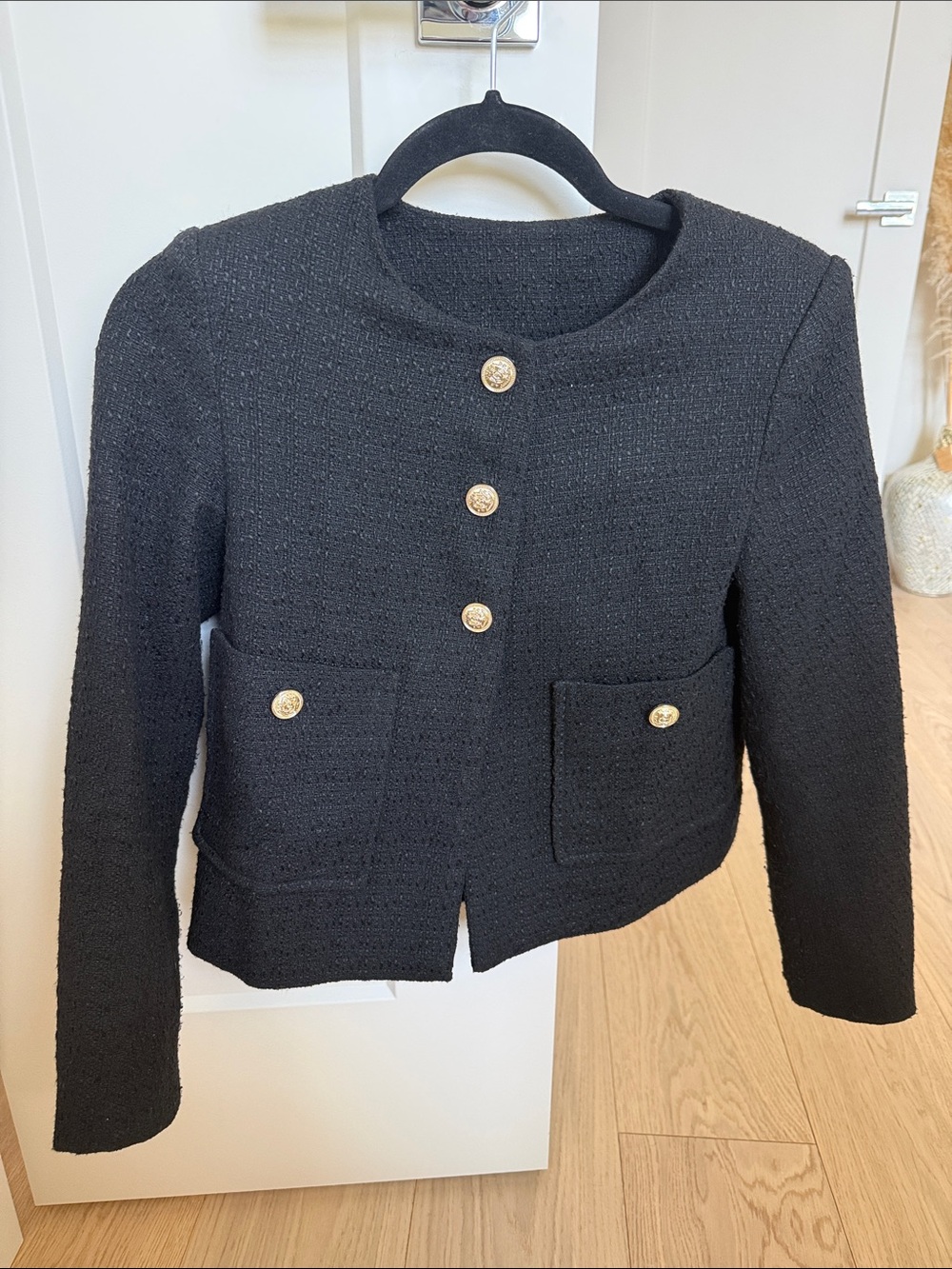 Commense Black Tweed Crop Blazer with Gold Buttons